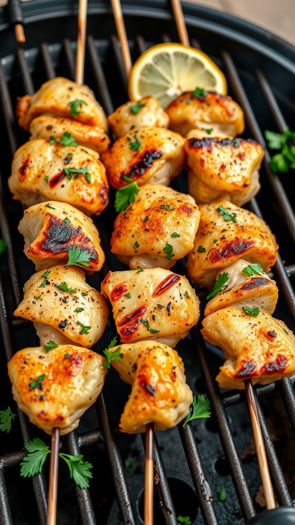 Grilled lemon garlic chicken skewers on a grill with parsley and lemon slices