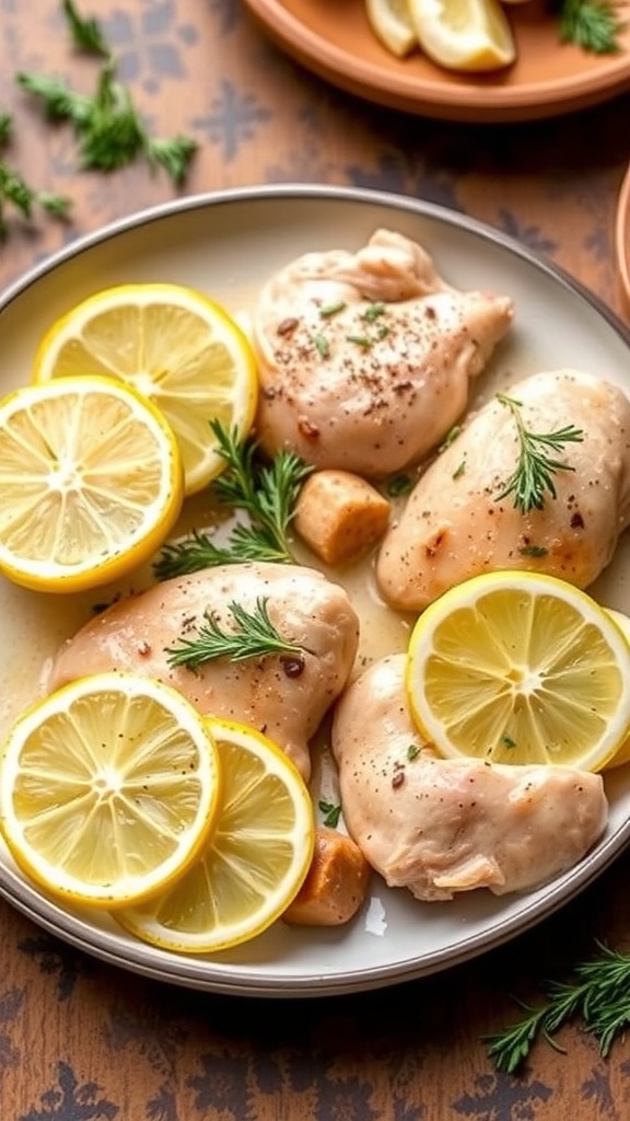 Plate of seasoned chicken thighs with lemon slices and fresh herbs