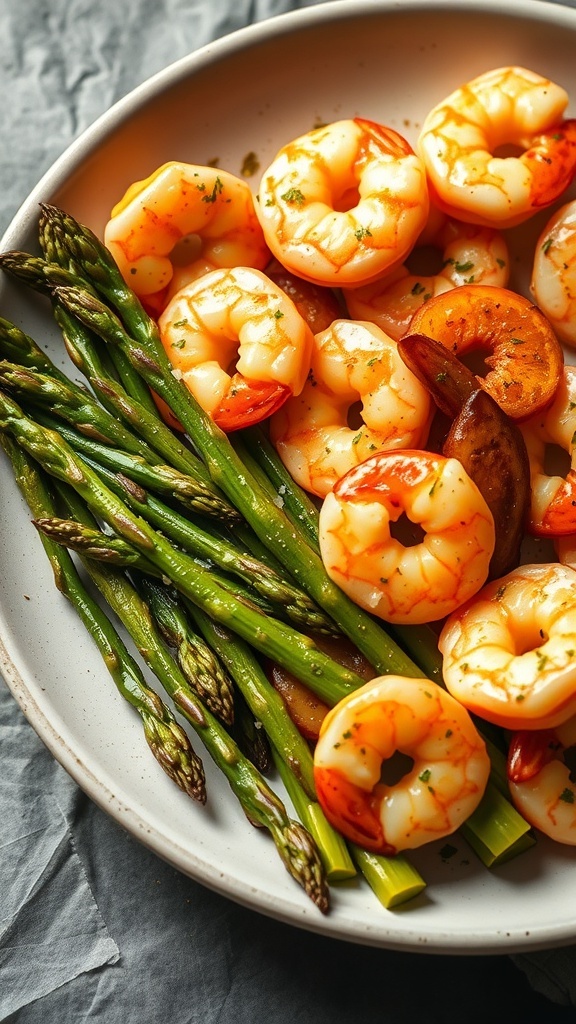 A plate of lemon garlic shrimp with asparagus, showcasing vibrant colors and fresh ingredients.