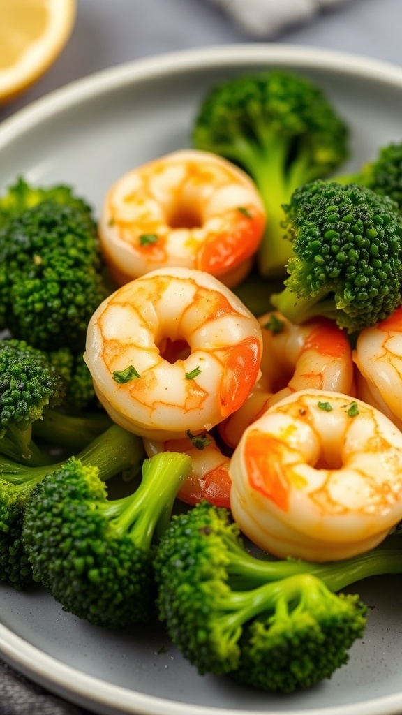 A plate of Lemon Garlic Shrimp with Broccoli, featuring pink shrimp and vibrant green broccoli.