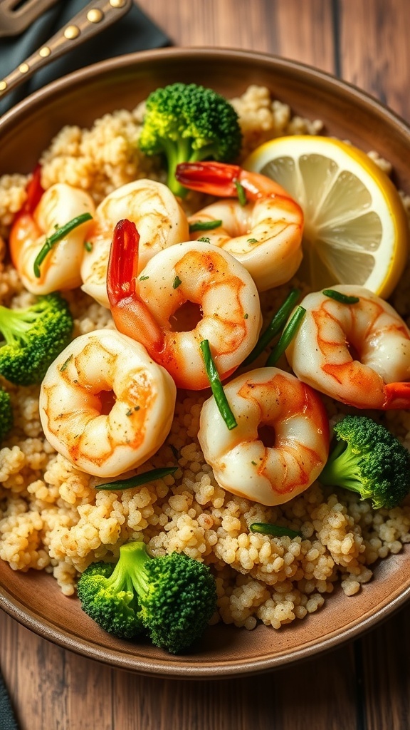 A bowl of Lemon Garlic Shrimp with Quinoa, featuring shrimp on quinoa with broccoli and lemon slices.