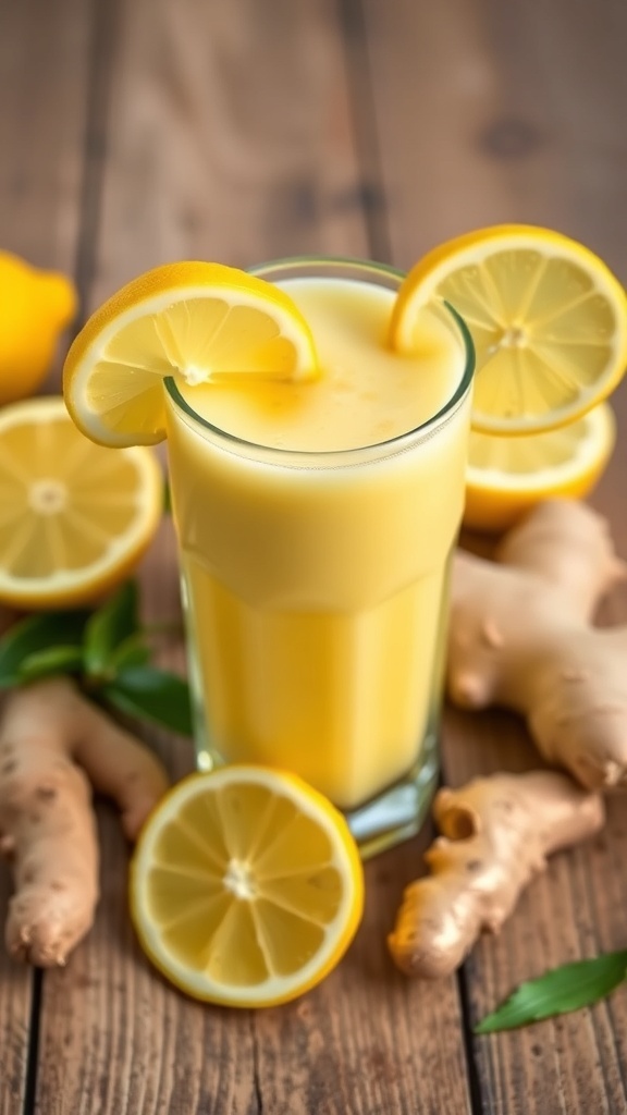 A refreshing lemon ginger smoothie with lemon slices and ginger root on a wooden table.