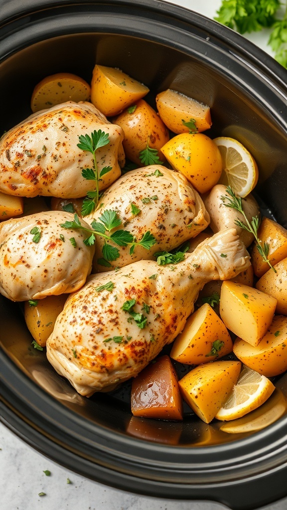 Crockpot with Lemon Herb Chicken and Potatoes, featuring chicken pieces, potatoes, and lemon slices.