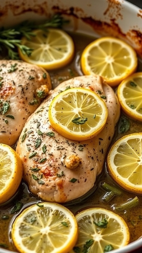A baked chicken breast with lemon slices and herbs in a red baking dish.