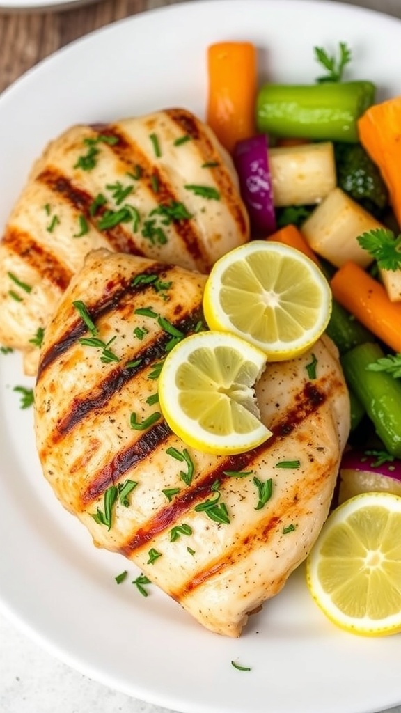 Grilled chicken breasts garnished with lemon slices and herbs, served with colorful vegetables.