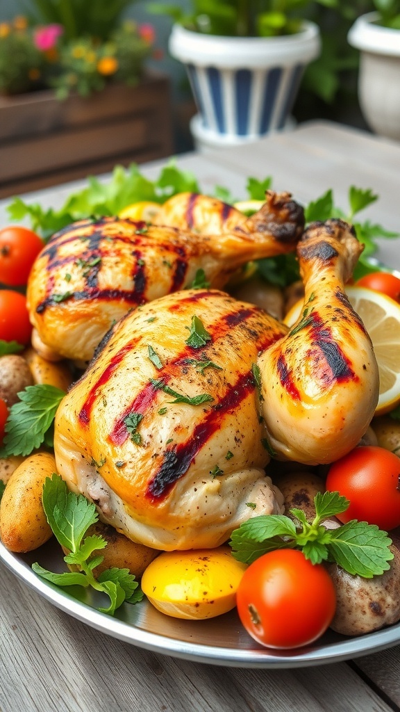 Grilled chicken with lemon slices and colorful vegetables on a plate