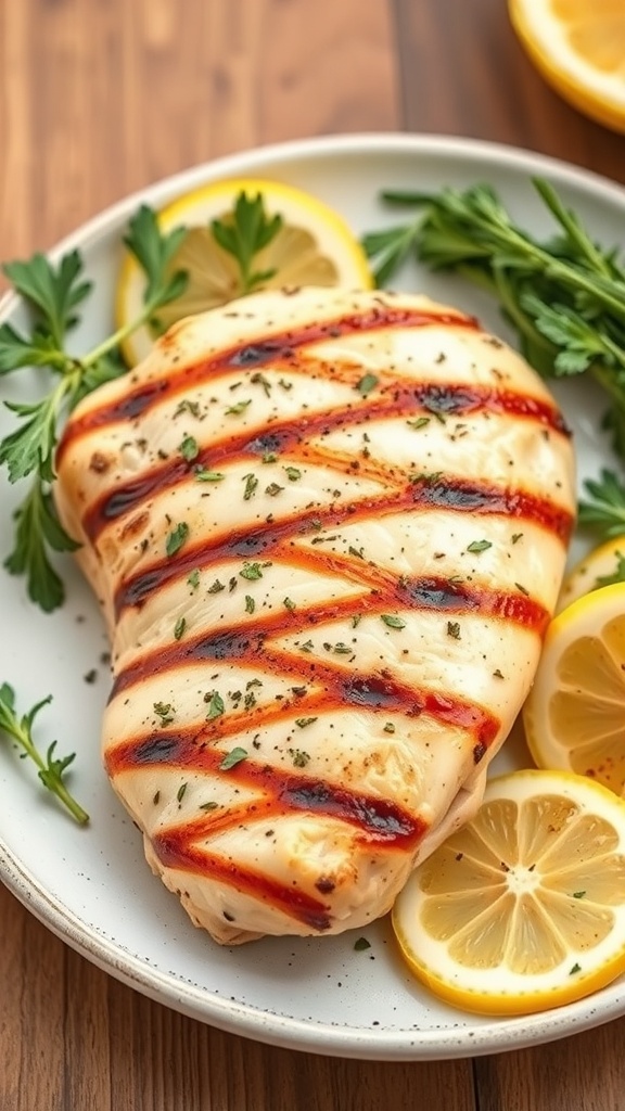 Grilled chicken breast garnished with lemon slices and herbs