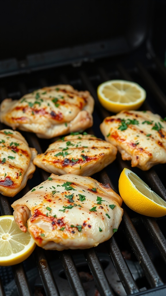 Grilled chicken thighs with lemon slices on a grill