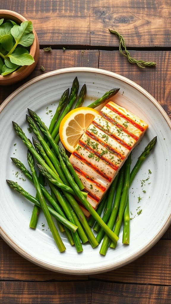 Grilled salmon with asparagus and lemon on a plate