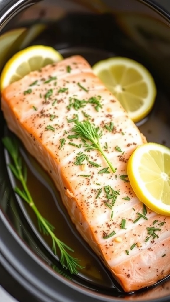 Crockpot with salmon fillets, lemon slices, and fresh herbs