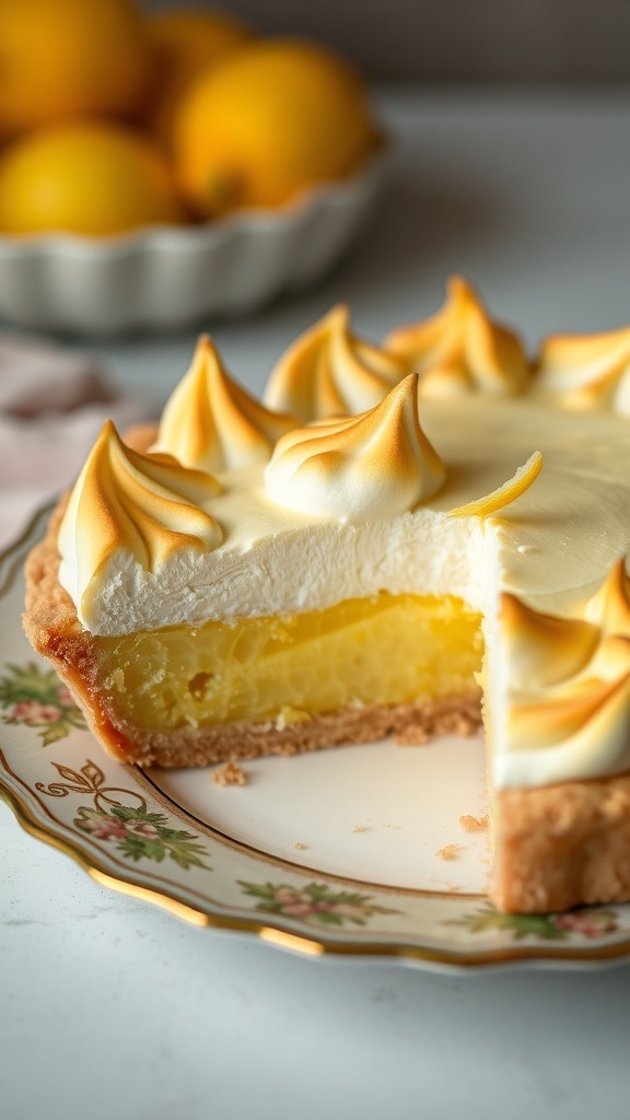 A slice of lemon meringue pie with golden peaks on a decorative plate, surrounded by fresh lemons.
