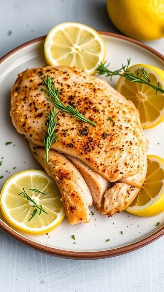 A plate of Lemon Pepper Chicken garnished with lemon slices and herbs.