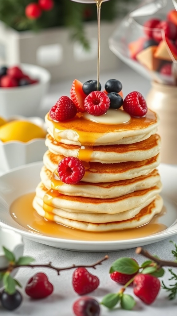 Stack of lemon ricotta pancakes topped with fresh berries and syrup