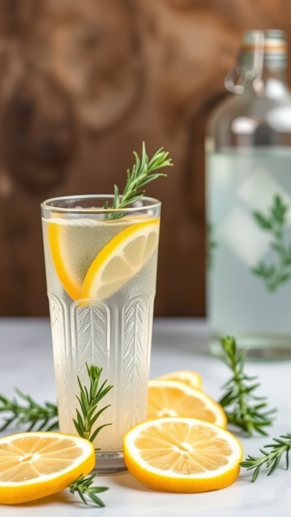 A refreshing Lemon Rosemary Spritzer in a glass with lemon slices and rosemary sprig