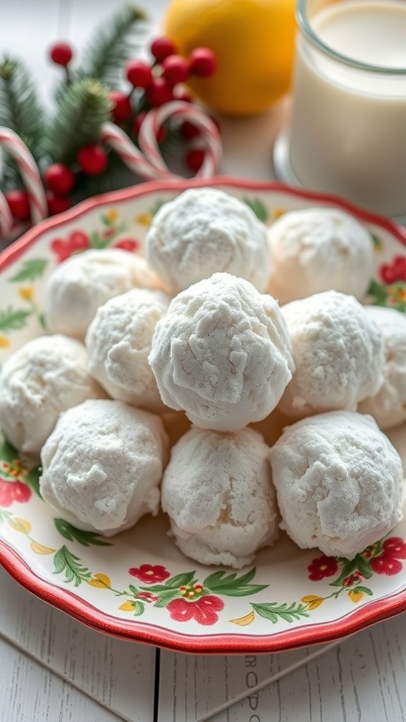 A plate of Lemon Snowball Cookies dusted with powdered sugar, surrounded by festive decorations.