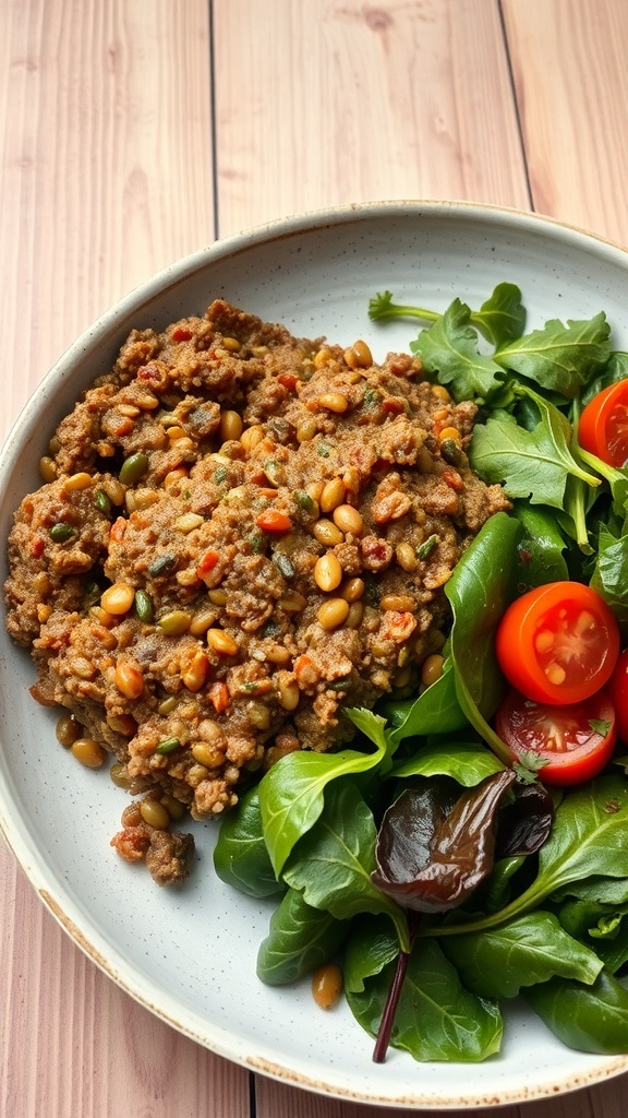 A plate of lentil and beef meatloaf with fresh greens and cherry tomatoes