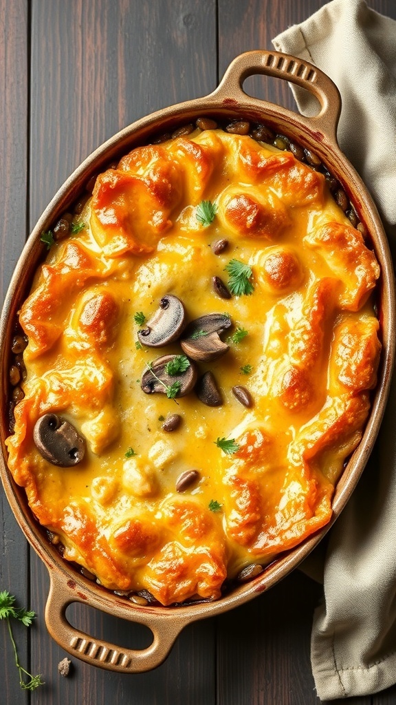 A golden-brown Lentil and Mushroom Shepherd's Pie in a baking dish, garnished with parsley.