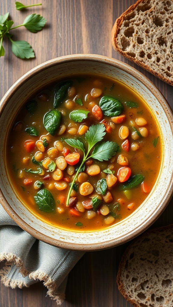 A bowl of lentil and spinach soup with fresh herbs, served with slices of bread.
