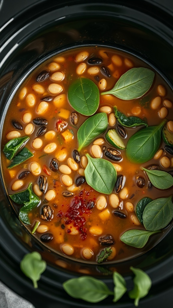 A close-up view of lentil and spinach soup in a crock pot, featuring lentils, spinach leaves, and spices.