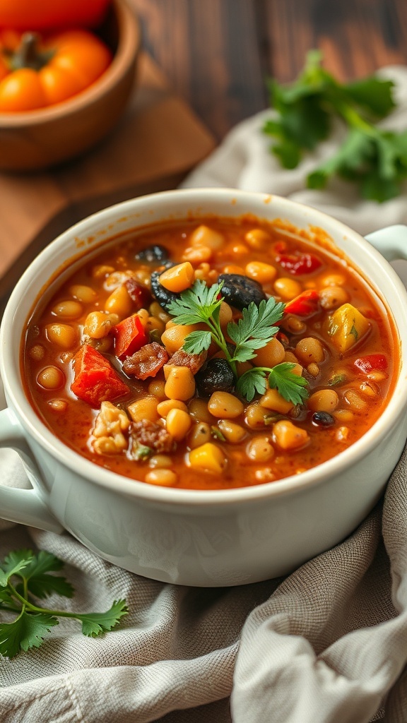 A bowl of colorful lentil and vegetable stew garnished with cilantro.