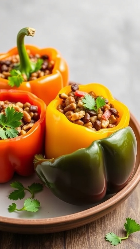 Colorful bell peppers stuffed with lentils and walnuts, garnished with cilantro