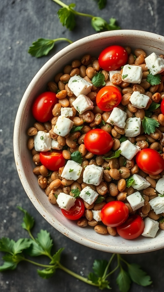 A bowl of lentil salad with cherry tomatoes and feta cheese, garnished with parsley.