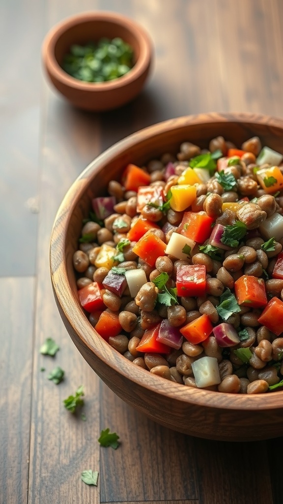 A wooden bowl filled with lentil salad featuring colorful diced vegetables and herbs.