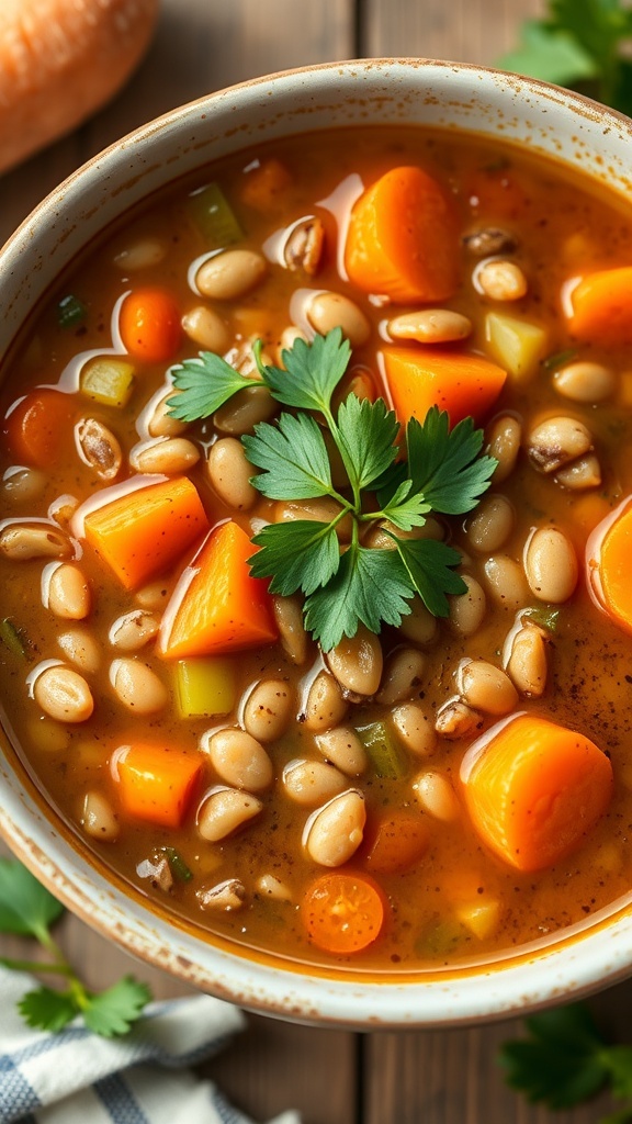 A bowl of lentil soup with carrots and celery, garnished with fresh herbs.