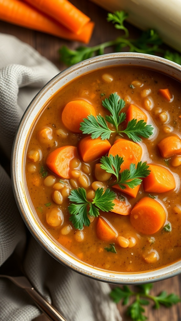 A bowl of lentil soup with carrots and celery, garnished with fresh parsley.