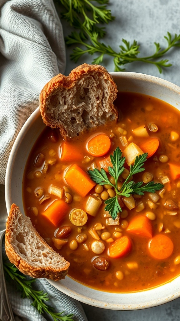 A bowl of lentil soup with carrots and celery, garnished with parsley, alongside a piece of bread.