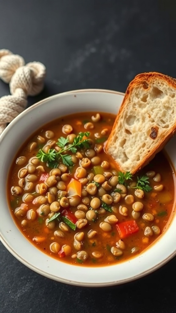 A bowl of lentil soup with colorful vegetables and a slice of crusty bread on the side.