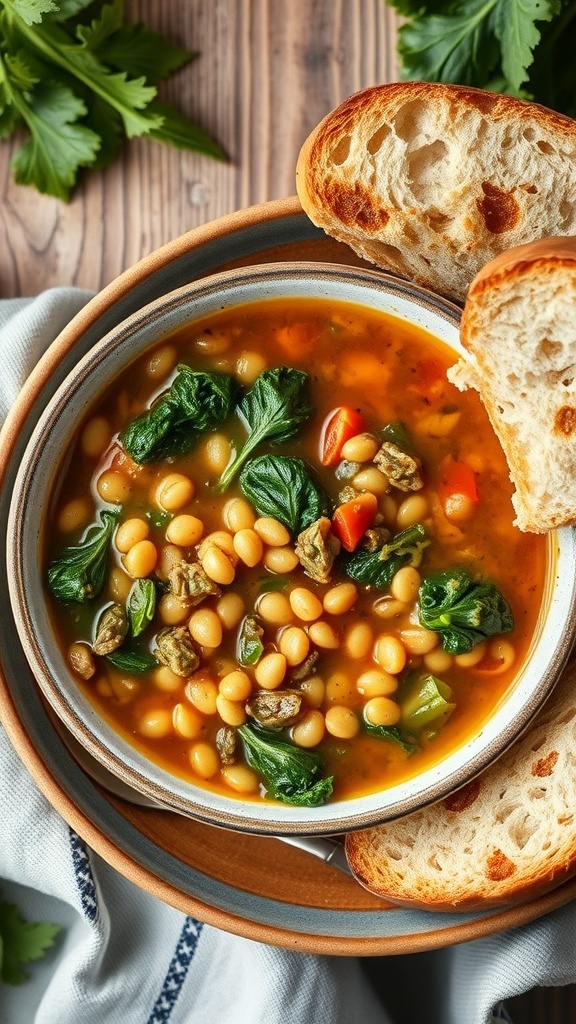 A bowl of lentil soup with kale, garnished with crusty bread on the side.
