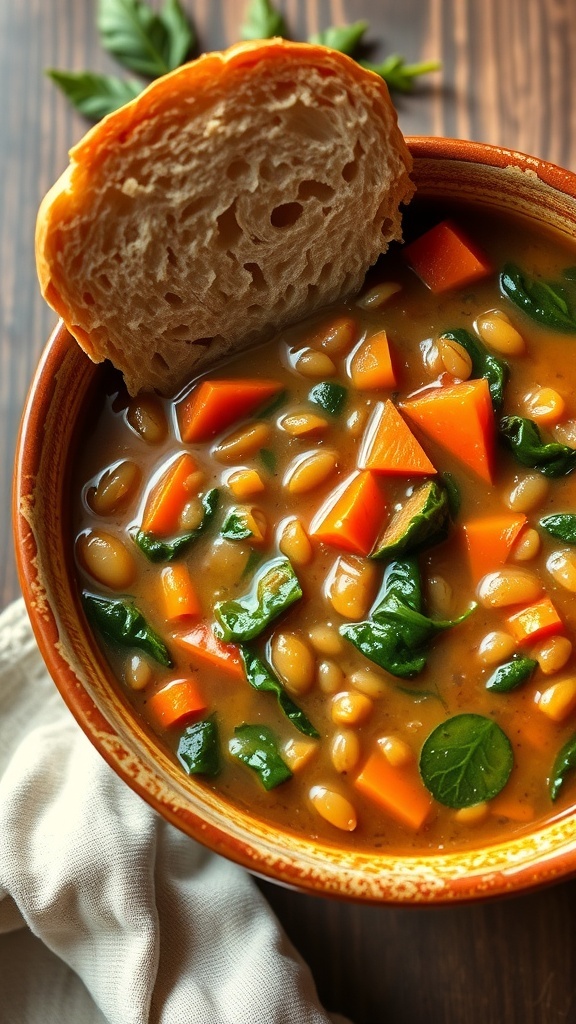 A bowl of lentil soup with spinach and carrots, topped with a slice of bread.
