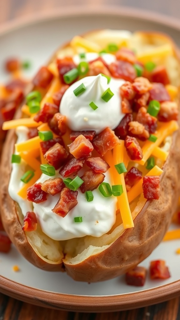 A loaded baked potato topped with sour cream, cheese, and bacon bits.