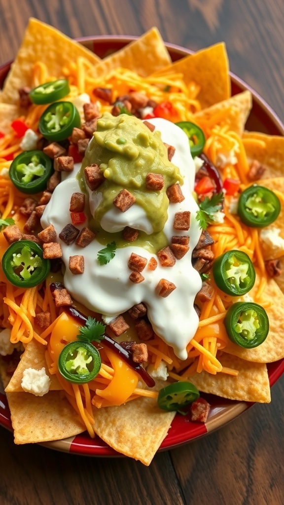 A plate of loaded nachos topped with cheese, jalapeños, sour cream, and guacamole.
