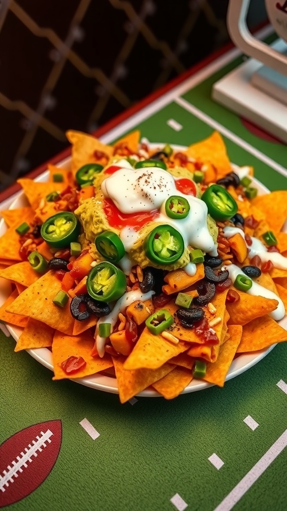 A plate of loaded nachos with various toppings including guacamole, sour cream, jalapeños, and olives.