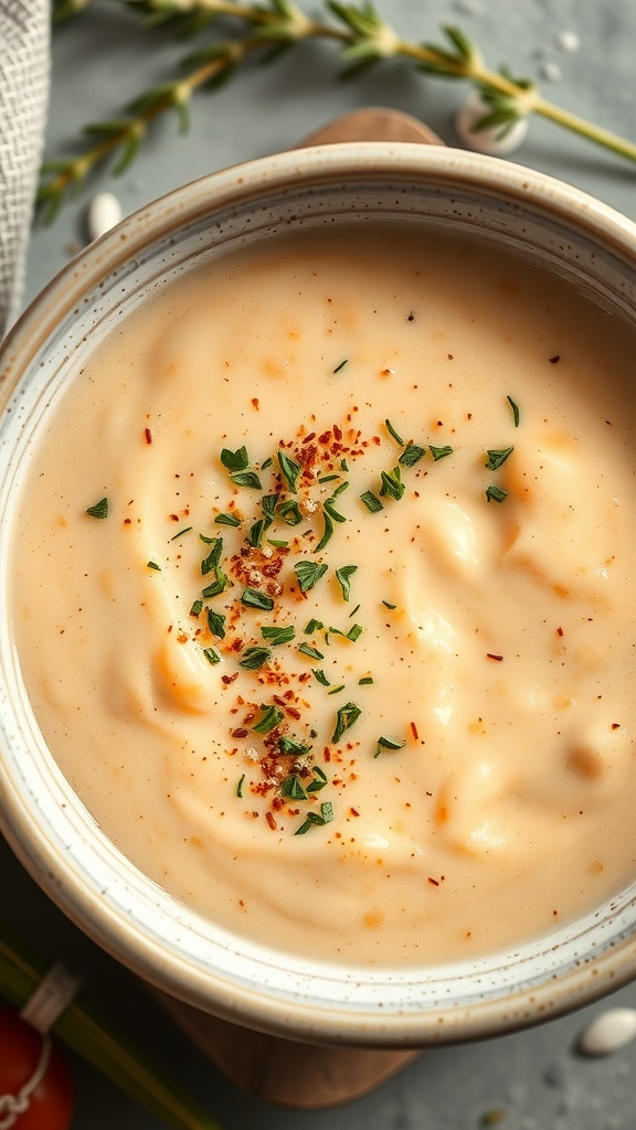 A bowl of creamy lobster bisque garnished with herbs and spices.