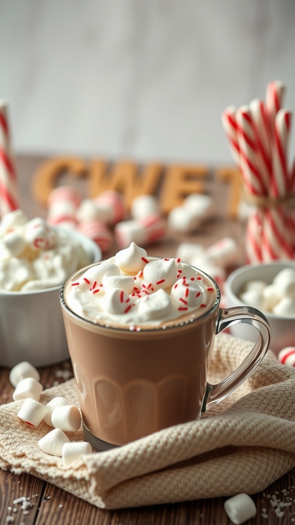 A cozy hot chocolate bar with whipped cream, marshmallows, and candy canes.