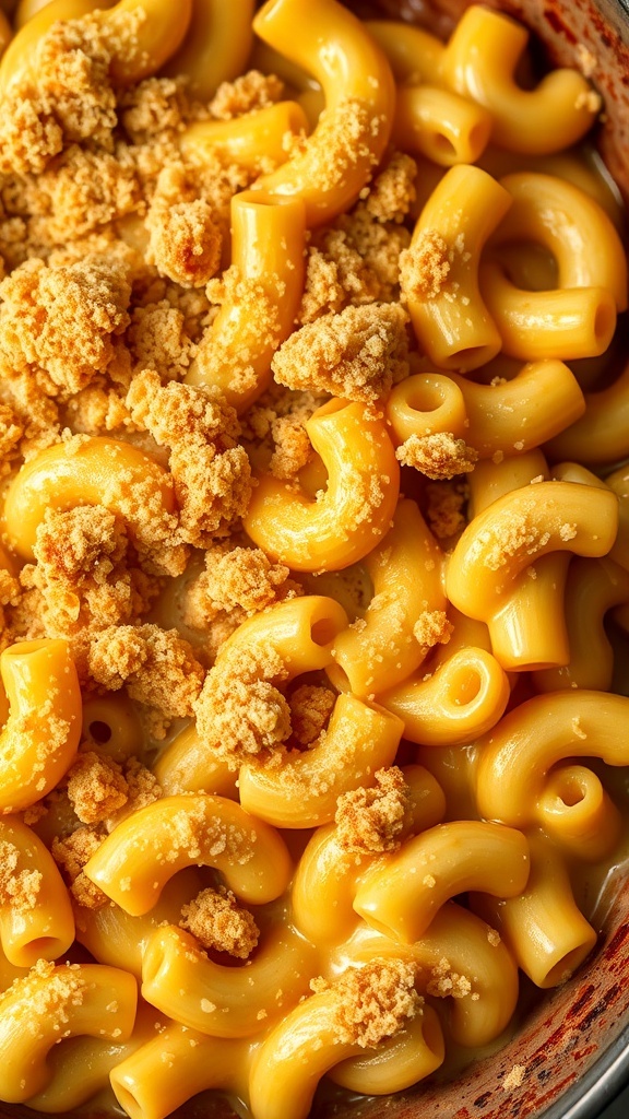 A close-up of macaroni and cheese topped with breadcrumbs, showcasing the creamy pasta and crunchy topping.