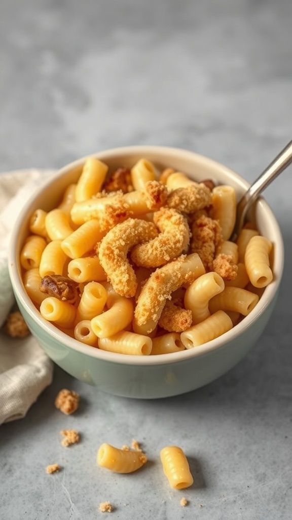 Bowl of macaroni and cheese topped with breadcrumbs