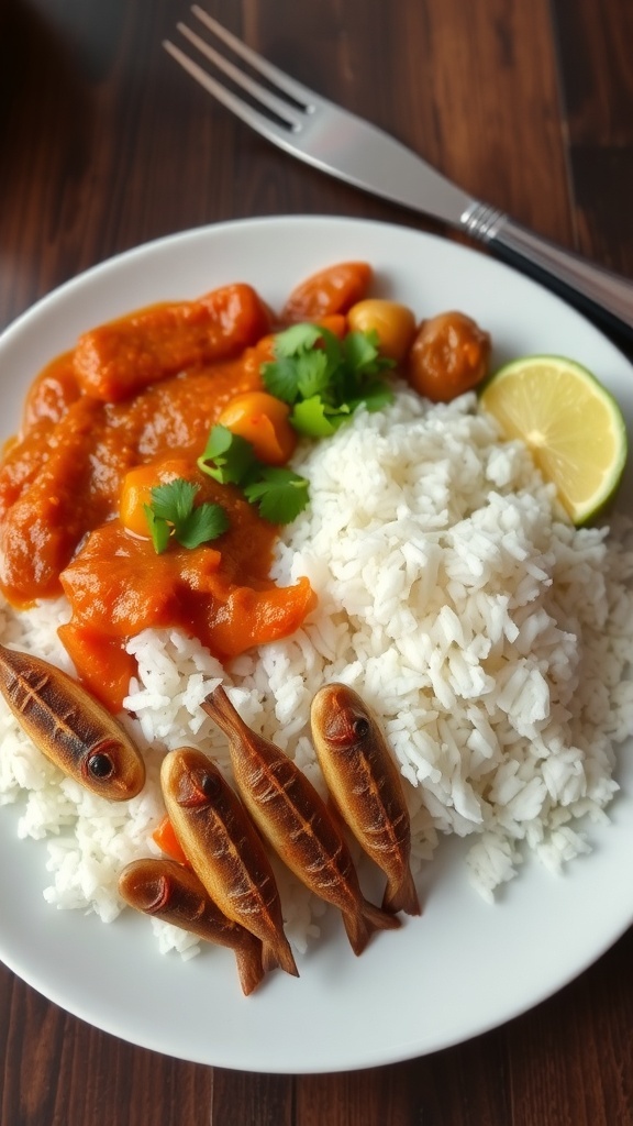 A plate of Nasi Lemak featuring rice, sambal, and fried fish.