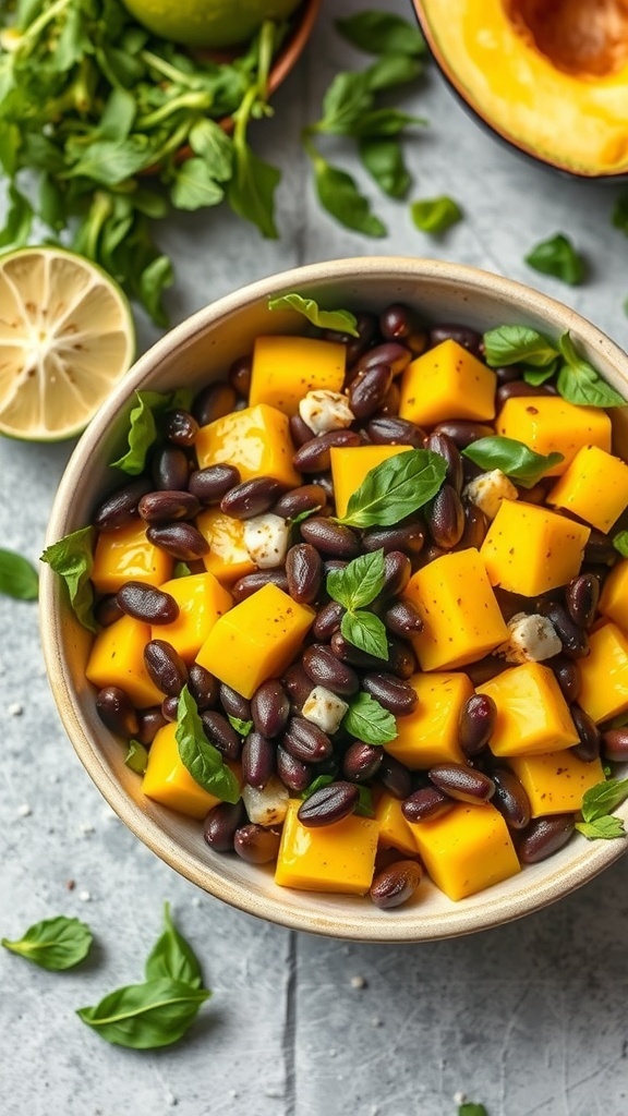 A bowl of mango and black bean salad with fresh basil and lime.