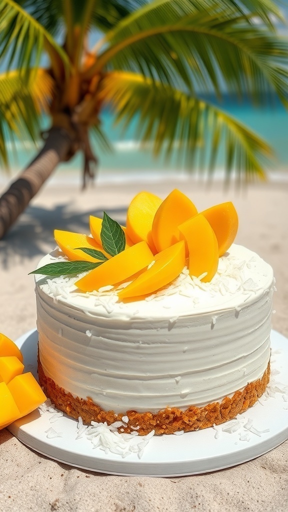 A Mango Coconut Cake topped with fresh mango slices and coconut flakes, set on a sandy beach with palm trees in the background.