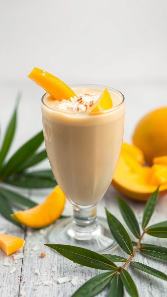 A glass of Mango Coconut Cream Smoothie topped with mango slices and coconut flakes, surrounded by fresh mango and green leaves.