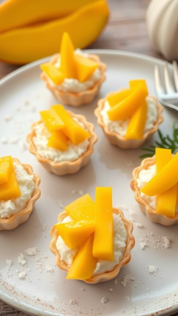 Mango Coconut Puff Pastry Cups on a plate with fresh mango slices