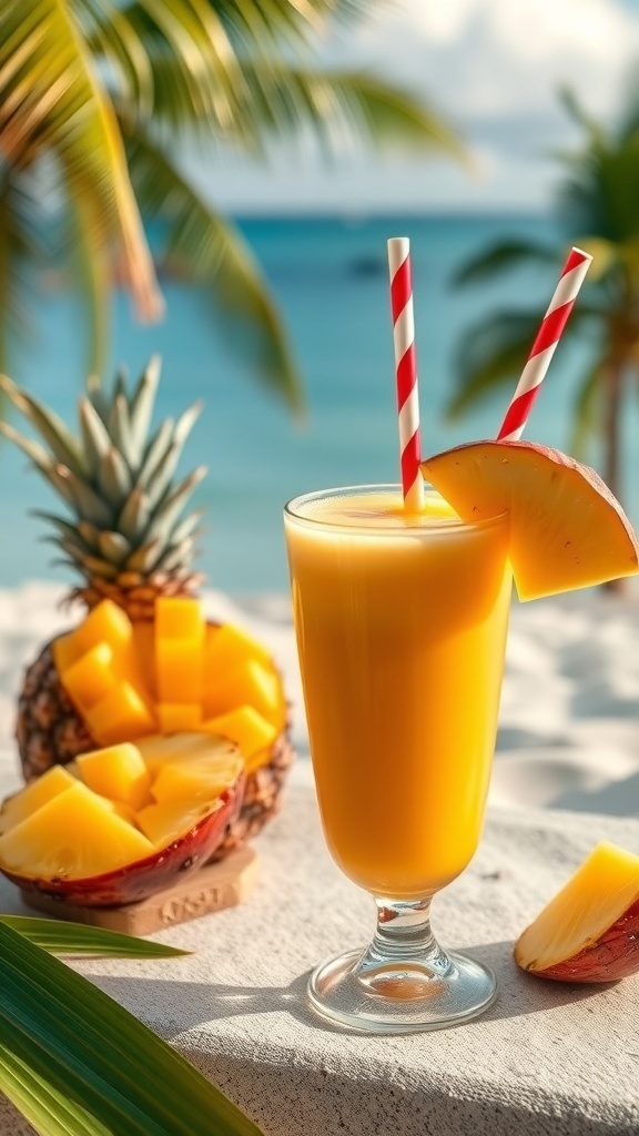 A refreshing mango pineapple smoothie in a glass with red and white striped straws, surrounded by mango chunks and a pineapple slice, set against a beach background.