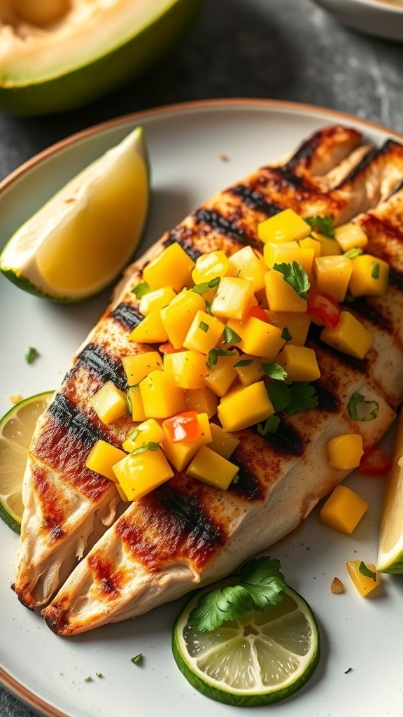 Grilled fish fillet topped with mango salsa, lime wedges, and garnished with cilantro.
