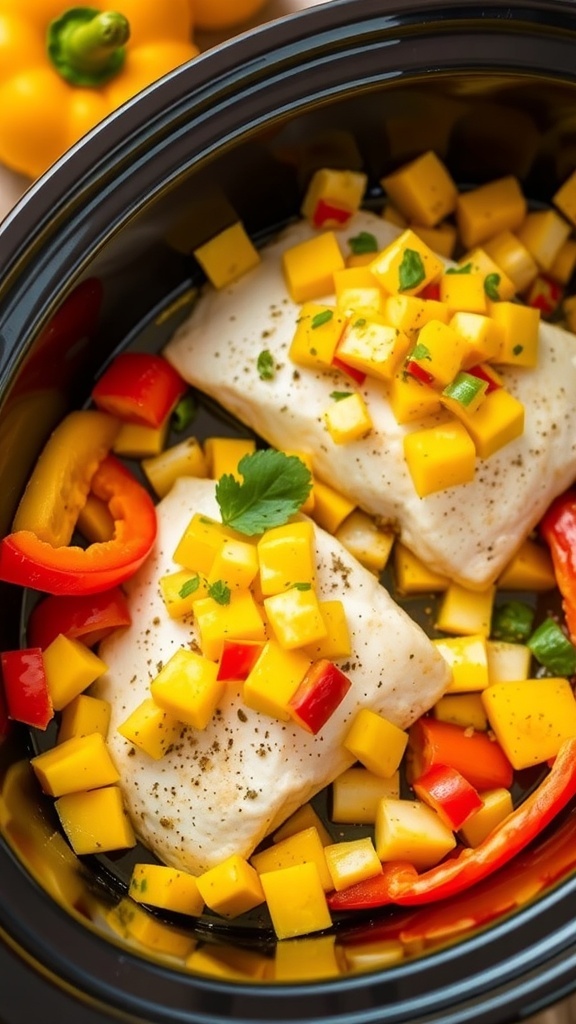 Crockpot with tilapia fillets topped with mango salsa