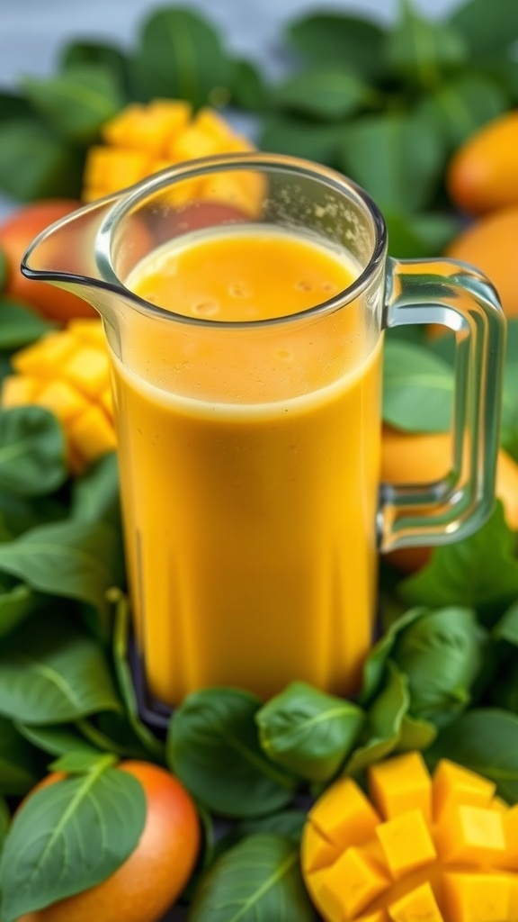 A glass of mango spinach smoothie surrounded by fresh mango slices and spinach leaves.