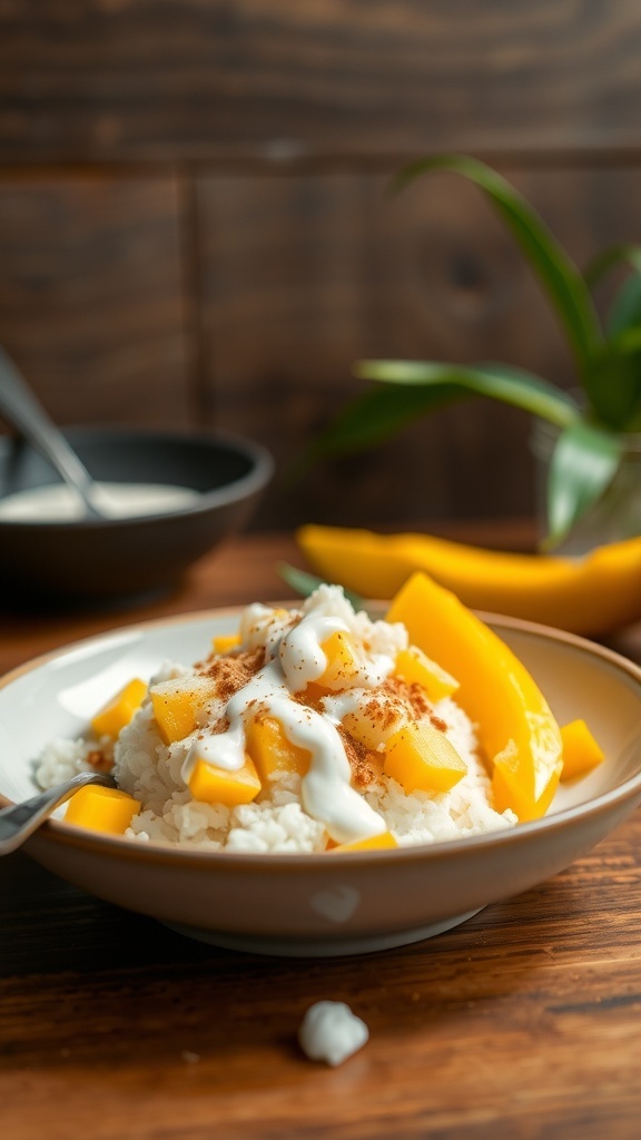 A bowl of mango sticky rice topped with coconut cream and fresh mango slices.